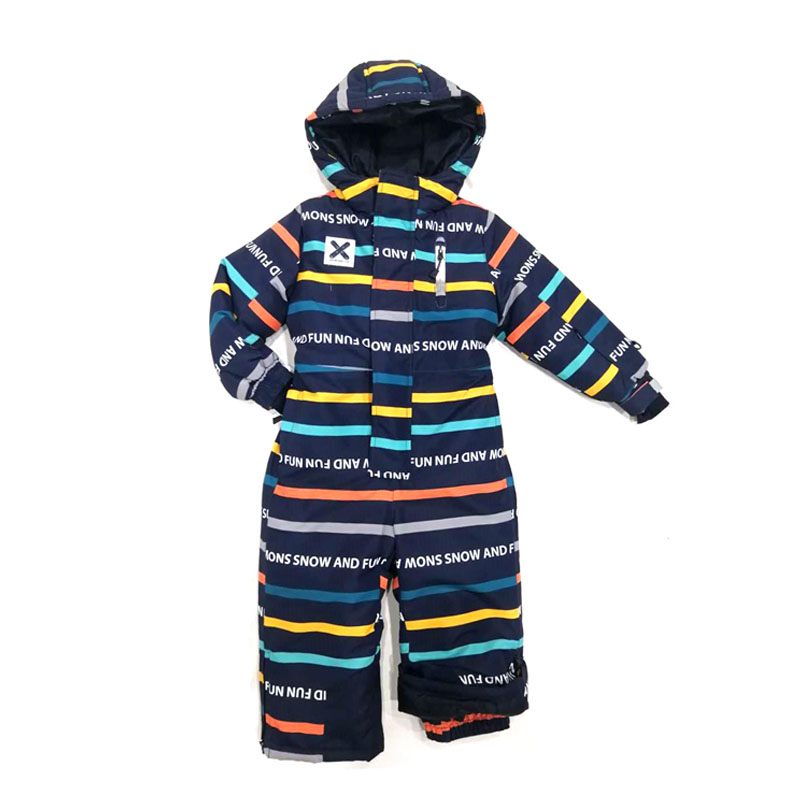 Newest child winter outdoor padded overall girl jumpsuit printing puff kid's one piece suit windproof romper with hood