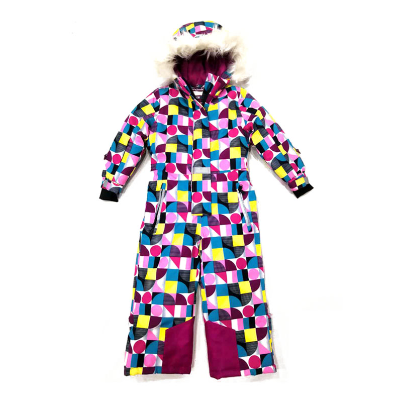 Colorful ski suit printing dots children one piece snowsuit customized kids snow jumpsuit with hood girl ski overall