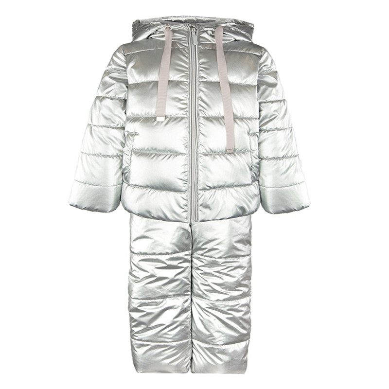 Fashion children winter clothing sets windproof silver color slim girl shiny quality padded winter jacket and pant suit