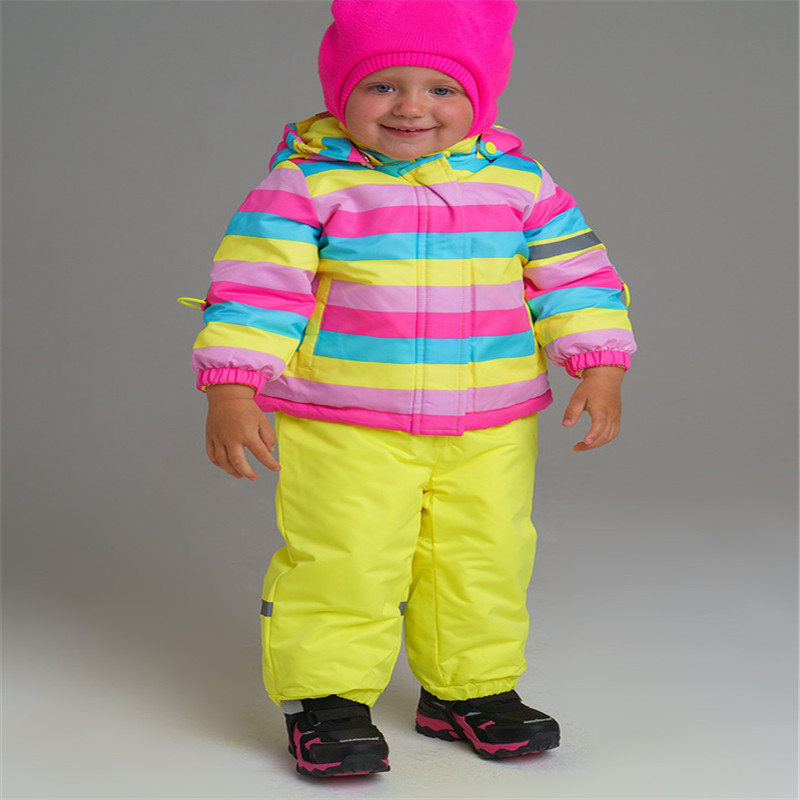 Fashion design children snow suit winter kids outdoor wear printing stripe snow mountain suit for baby girl ski jacket and pant sets