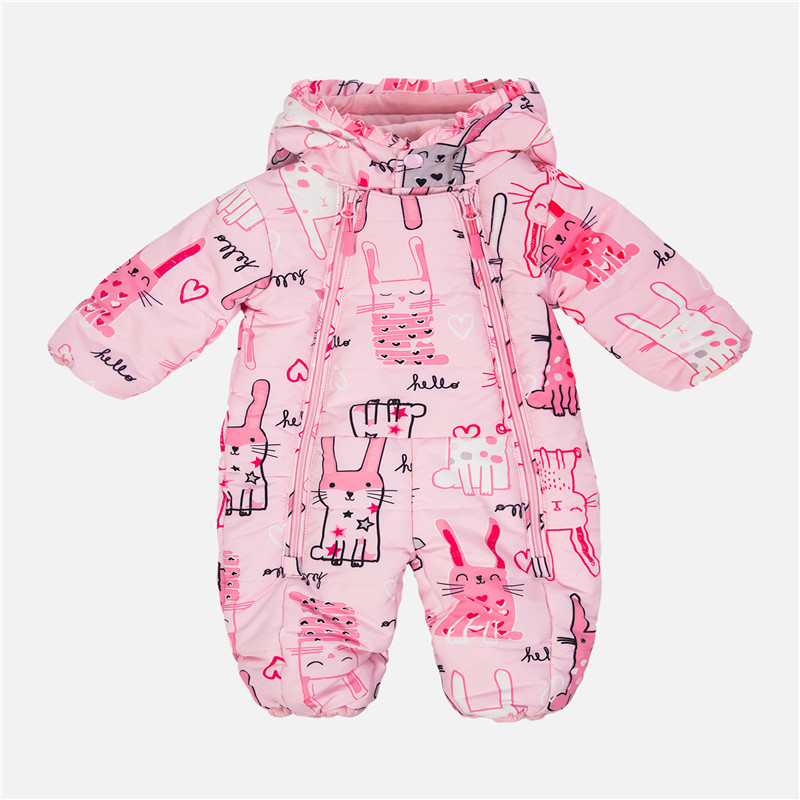 Carton print baby winter padded romper infant Hooded pink jumpsuit little girls clothing winter outdoor wear overall